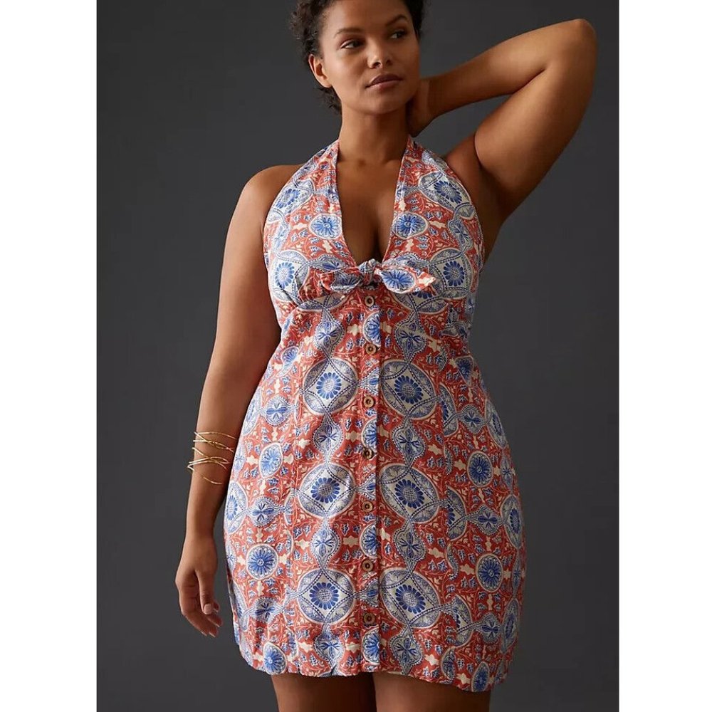 Anthropologie Maeve Halter Slim Retro Print Linen Mini Dress